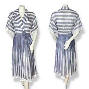 Vintage Albert Nipon Pleated Dress Striped Short Sleeves Tie Belt 1980s Nautical